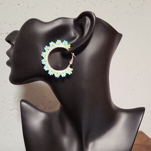 Handmade Floral beaded Earrings – Light Blue, Yellow, Green, and Silver.